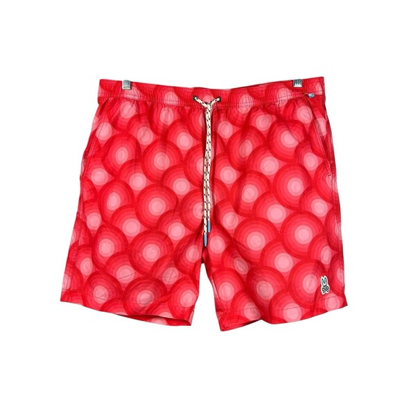 Psycho Bunny Mens XL Swim Trunks Red Geometric Print Lined Board Shorts Beach - Picture 1 of 13